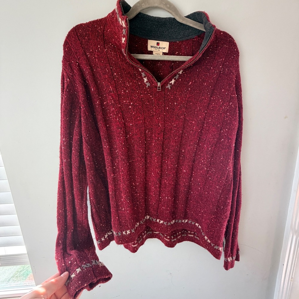 Woolrich Quarter Zip Sweater Women Large Ruby Heather Red Knit Gorpcore Granny